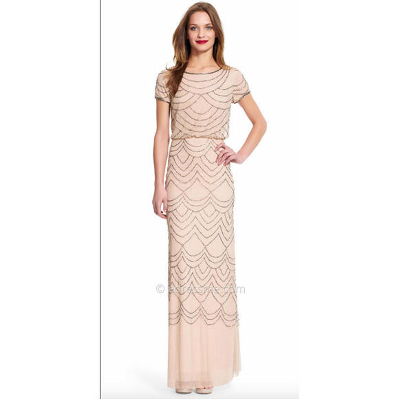 Adrianna Papell Short Cap Sleeve  Blouson Beaded Gown Taupe Pink sz 6p  NWT $260 - Picture 1 of 6